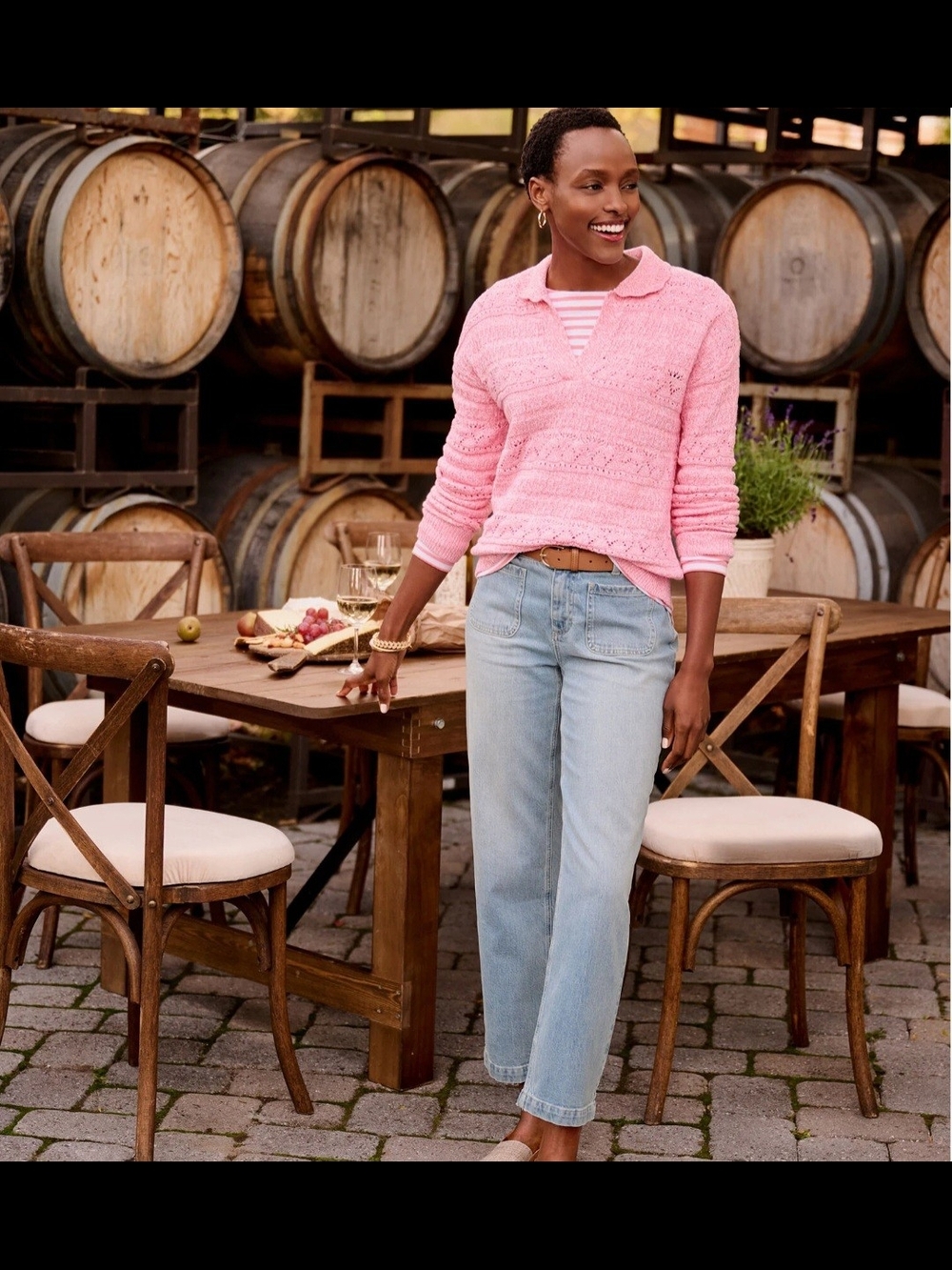Talbots Pink Open-Stitch V-Neck Collared Sweater - Picture 2 of 8